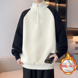 加绒加厚半高领毛衣男生冬季潮流撞色内搭针织打底衫一体绒毛线衣