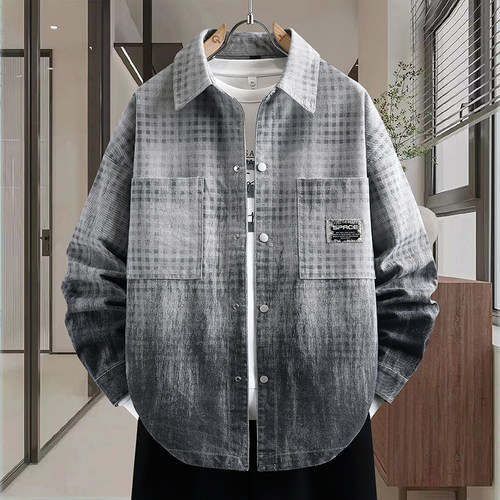 做旧水洗牛仔衣服男夹克春秋季高级感痞帅渐变色格子长袖衬衫外套