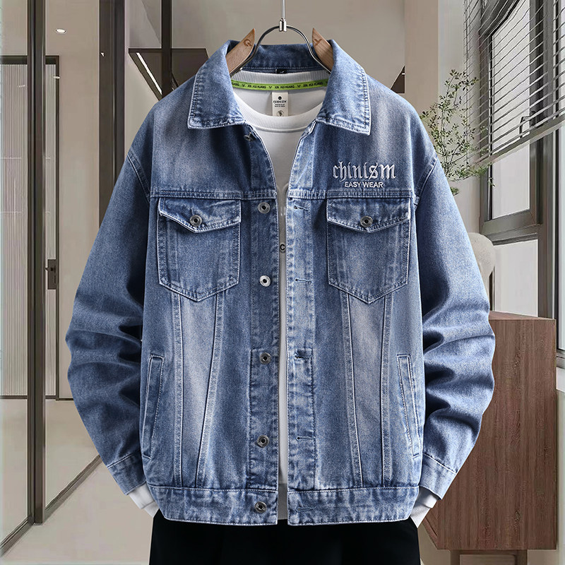 字母刺绣水洗牛仔衣男外套春秋季美式休闲夹克青少年宽松长袖衬衣