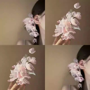 粉色芙蓉花坞超仙花朵古风烫花珍珠流苏发夹子汉服发饰女头饰发卡