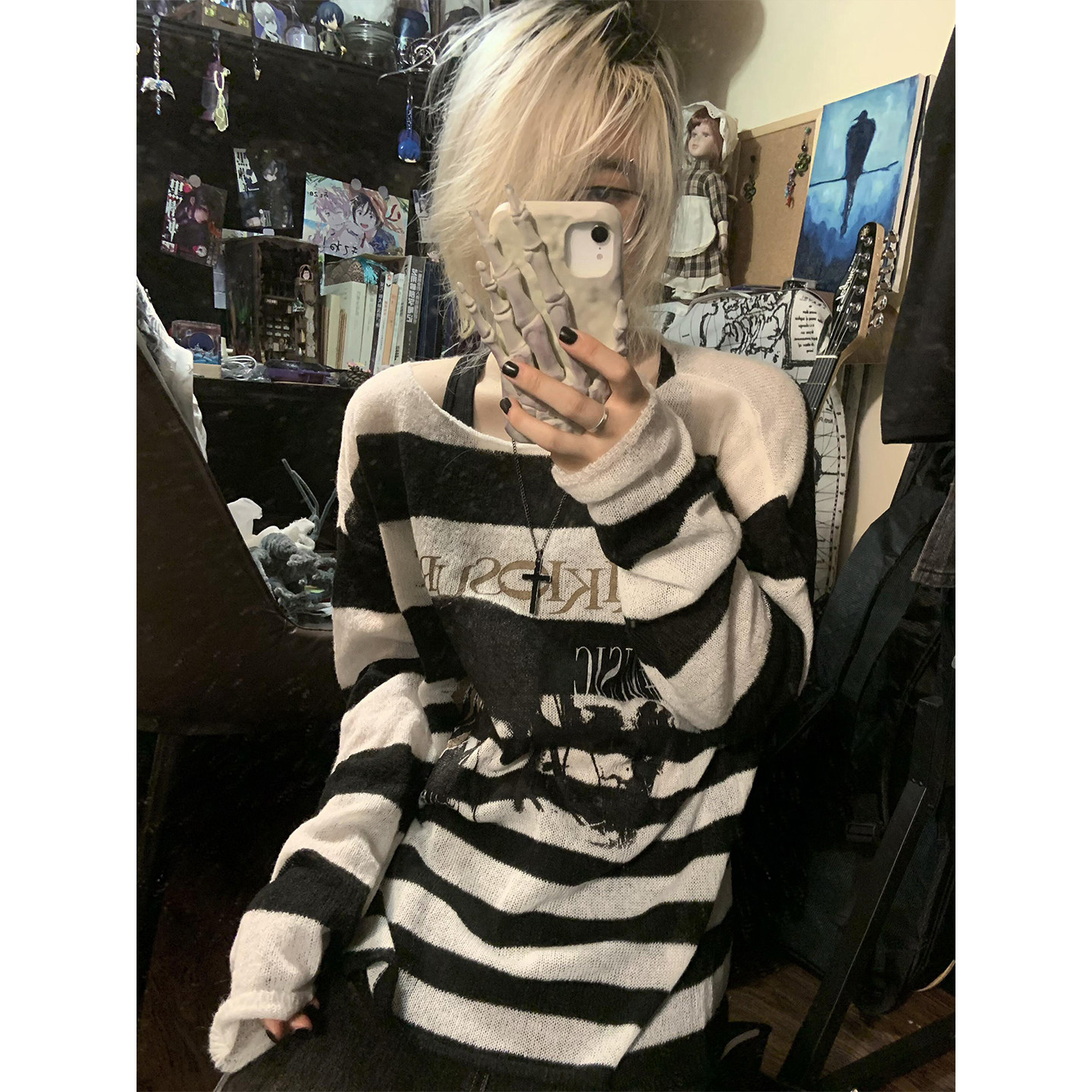 thumbnail for Y2K subculture black-and-white striped sweater for women, early autumn new visual kei inner knit top, thin cutout top