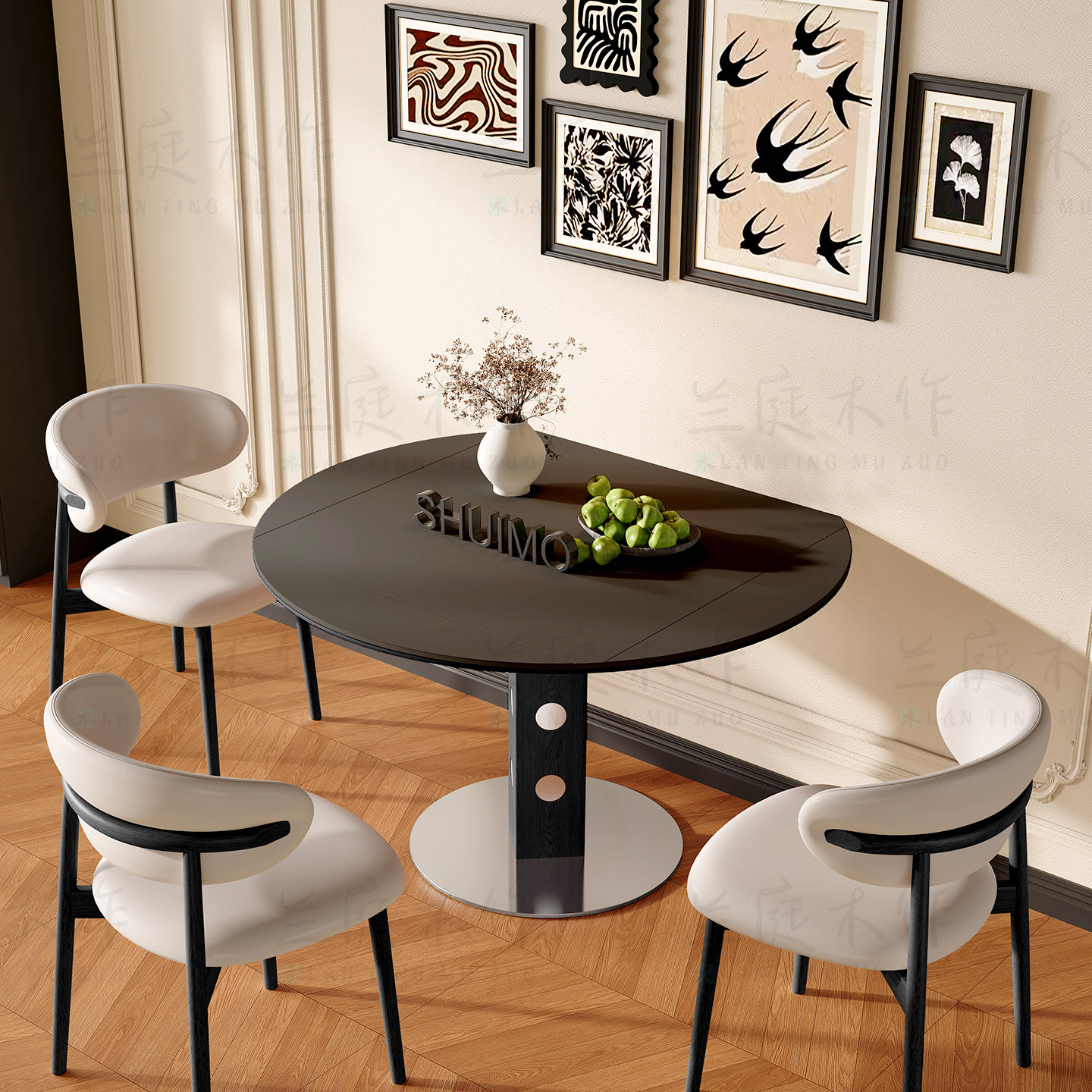 德利丰洞石岩板伸缩餐桌家用小户型实木包豪斯折叠桌方圆两用饭桌