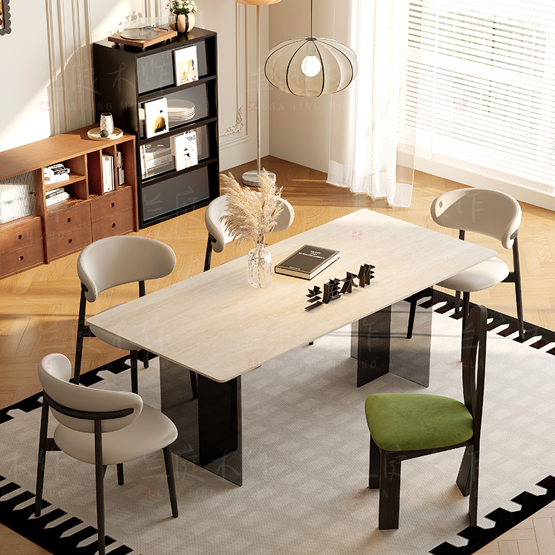 亚克力岩板洞石法式餐桌家用小户型轻奢奶油半圆长方形餐桌子客厅