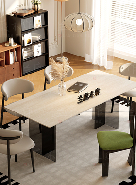 亚克力岩板洞石法式餐桌家用小户型轻奢奶油半圆长方形餐桌子客厅