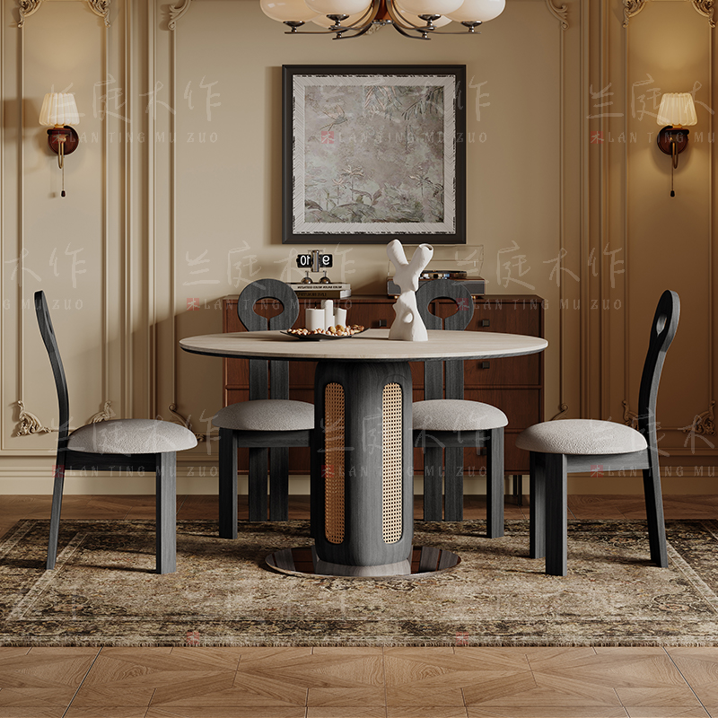 德利丰岩板洞石桌中古圆桌复古编藤腿圆形餐桌法式包豪斯实木饭桌