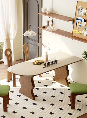 中古风岩板洞石法式餐桌家用小户型轻奢奶油半圆半岛形餐桌子客厅