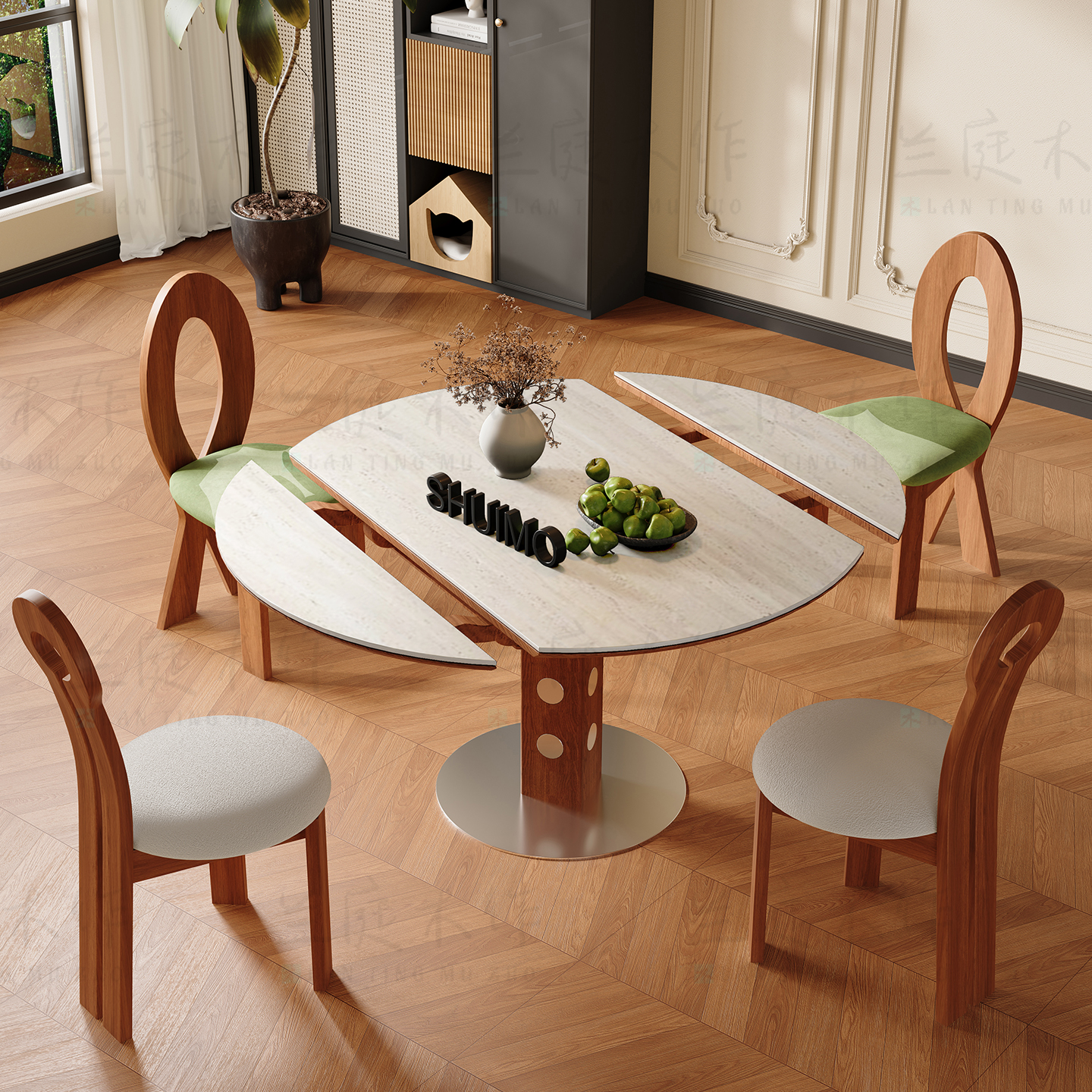 德利丰洞石岩板伸缩餐桌家用小户型实木包豪斯折叠桌方圆两用饭桌