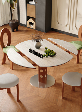 德利丰洞石岩板伸缩餐桌家用小户型实木包豪斯折叠桌方圆两用饭桌