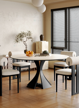 法式奶油复古风实木德利丰岩板家用黑色窈窕饭桌胡桃色圆餐桌椅子