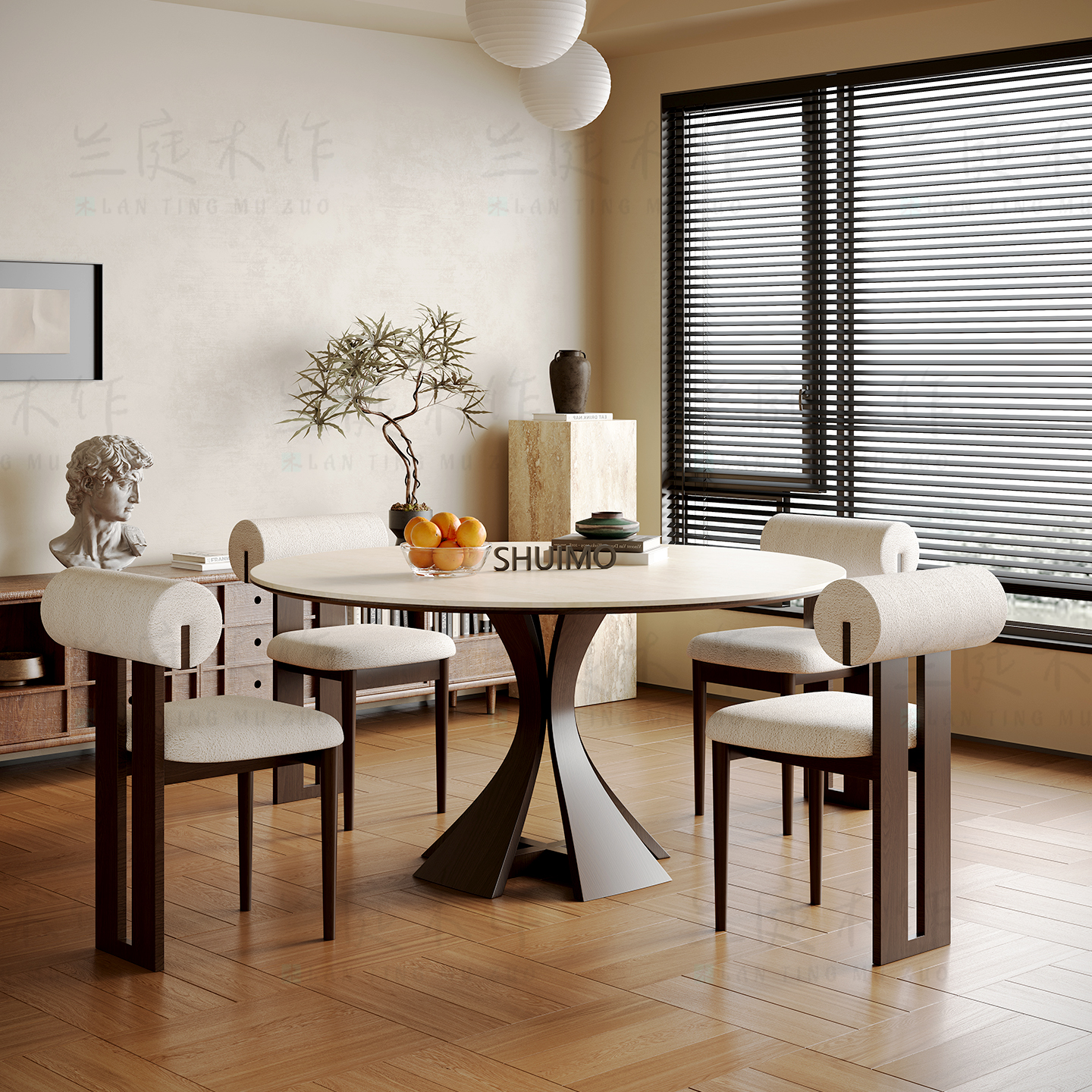 法式奶油复古风实木德利丰岩板家用黑色窈窕饭桌胡桃色圆餐桌椅子