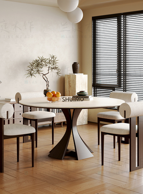 法式奶油复古风实木德利丰岩板家用黑色窈窕饭桌胡桃色圆餐桌椅子