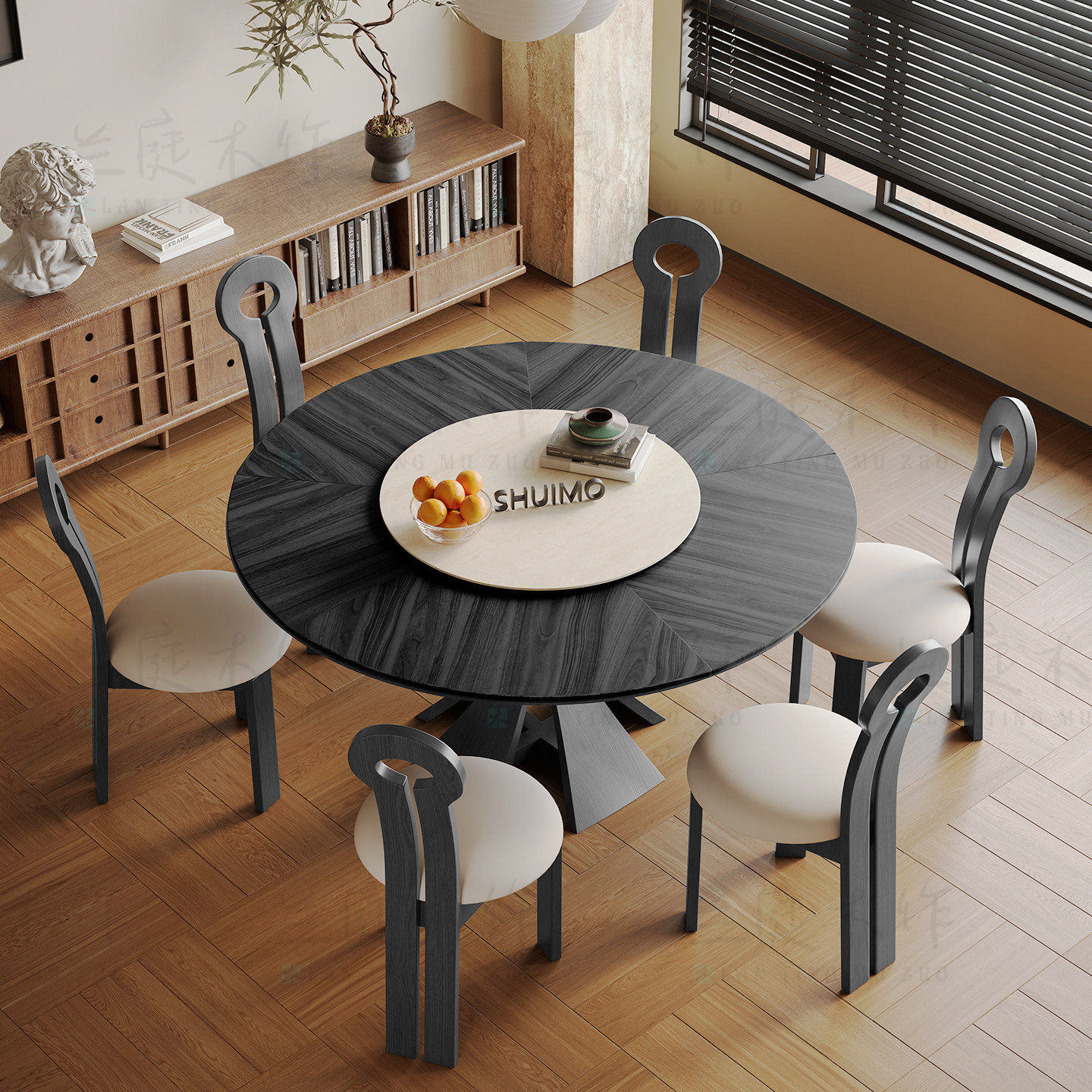 法式奶油复古风实木德利丰岩板家用黑色窈窕饭桌胡桃色圆餐桌椅子