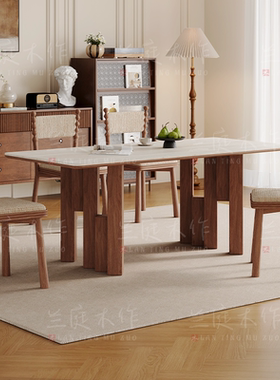 中古风岩板洞石法式餐桌家用小户型轻奢奶油半圆长方形餐桌子客厅