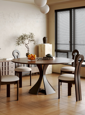 法式奶油复古风实木德利丰岩板家用黑色窈窕饭桌胡桃色圆餐桌椅子