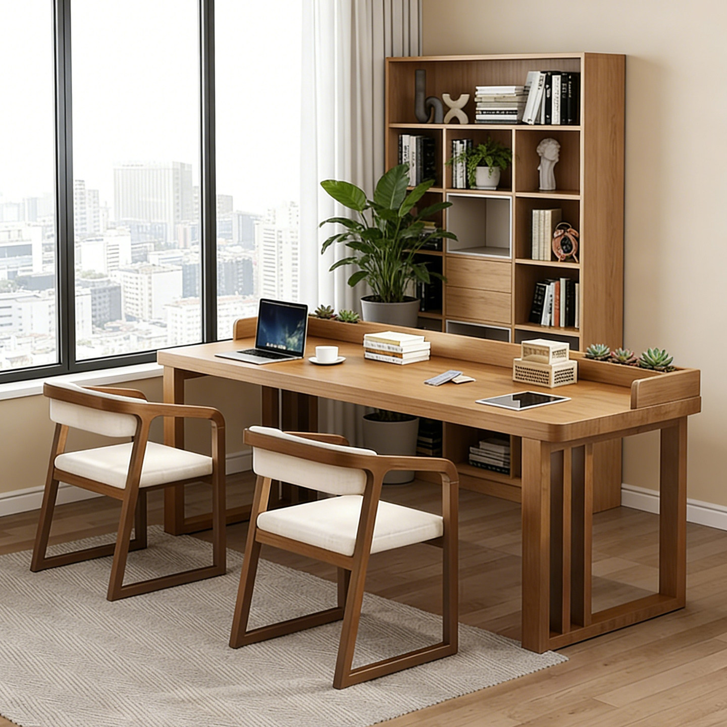 现代简约实木书桌带档板书架家用书房双人办公学习电脑桌椅组合