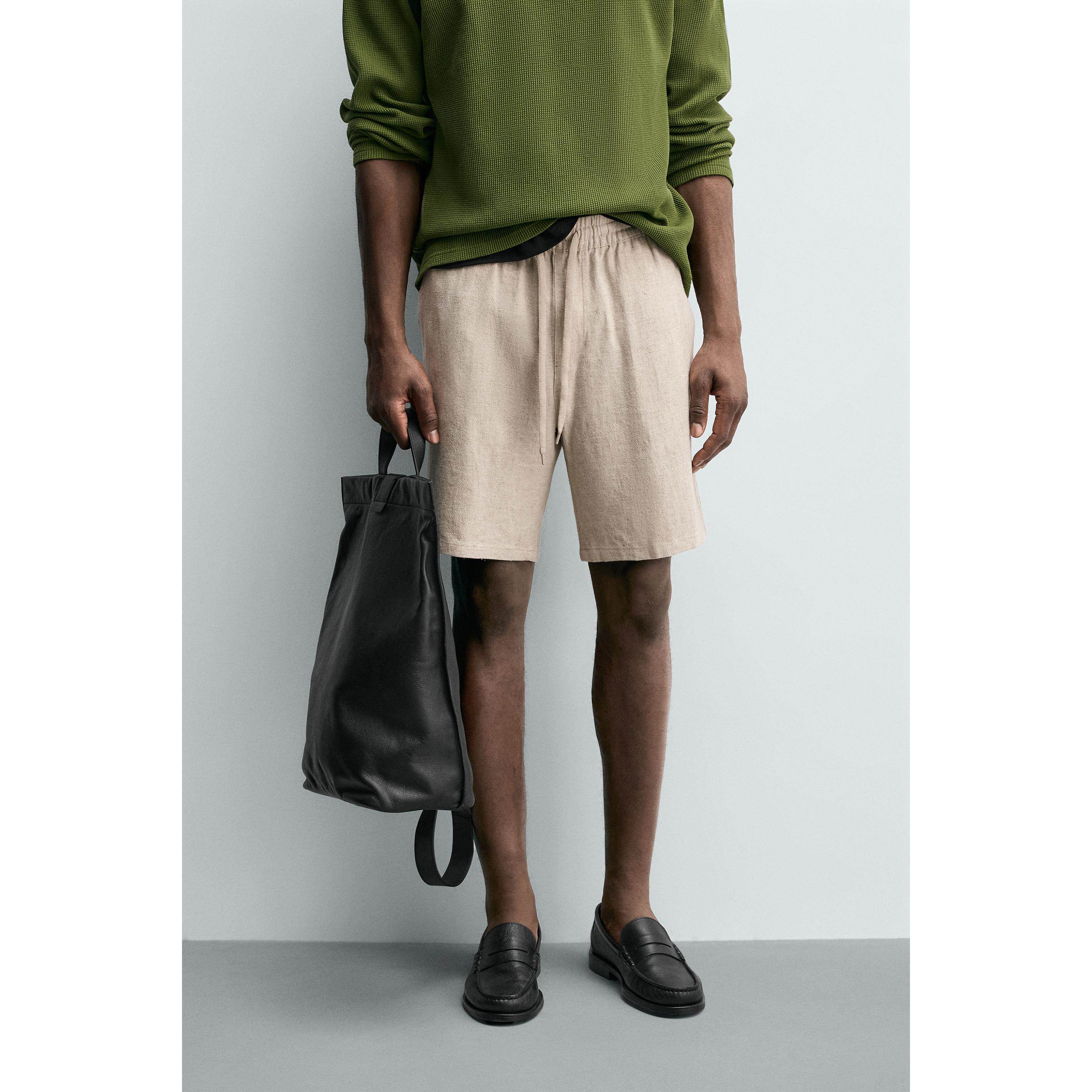 柜299！ZA 春夏新品 男装 粘纤亚麻宽松版型休闲短裤 1437404 052