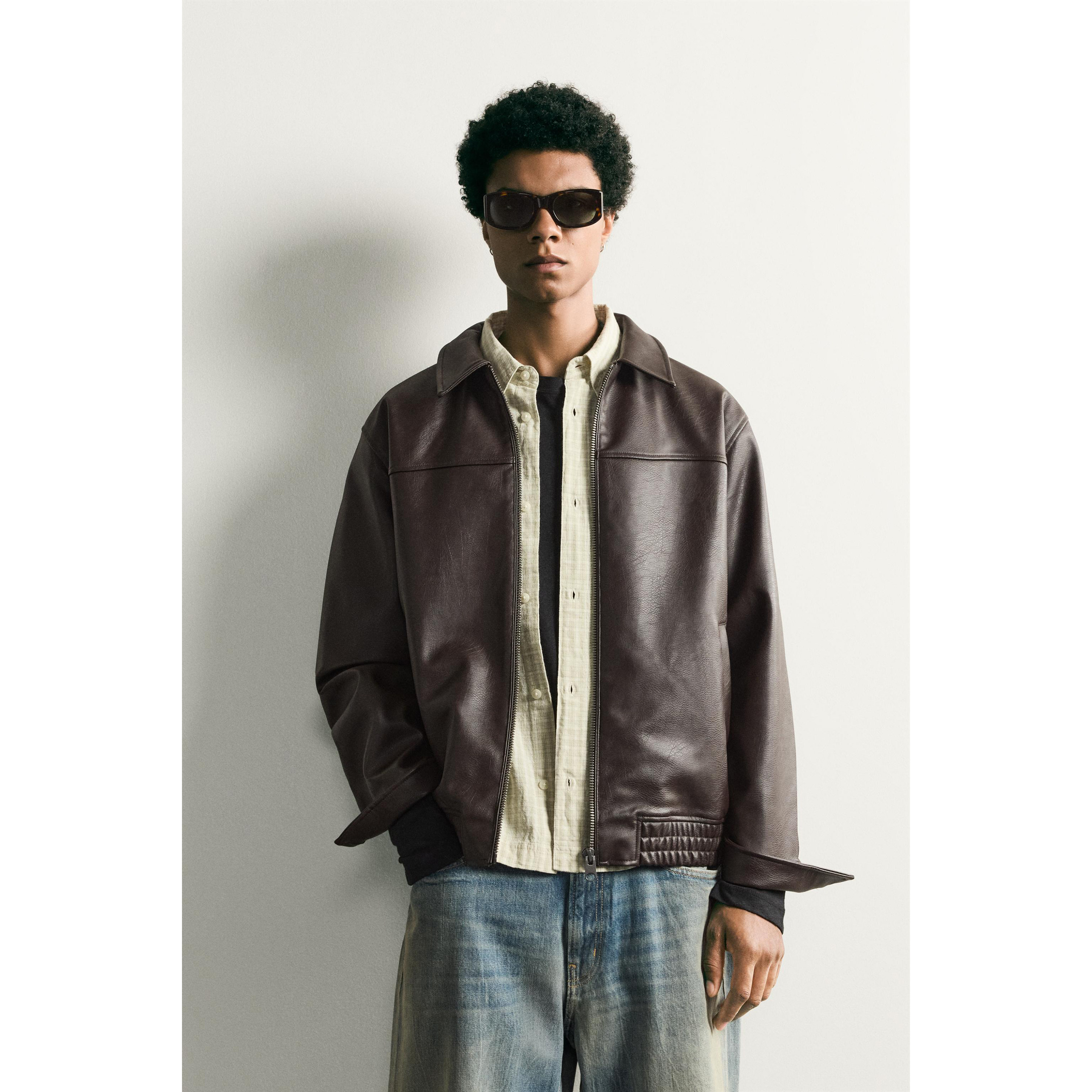 柜429！ZA 早秋新品 男装 宽松皮革效果拉链夹克外套 4027800 753