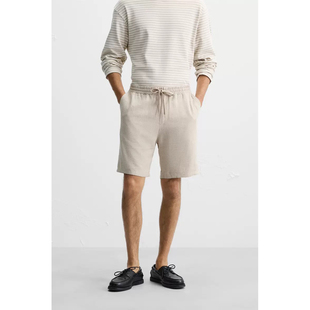 ZA 春夏季新品 男装 宽松亚麻及粘纤混纺休闲舒适短裤1437402 052