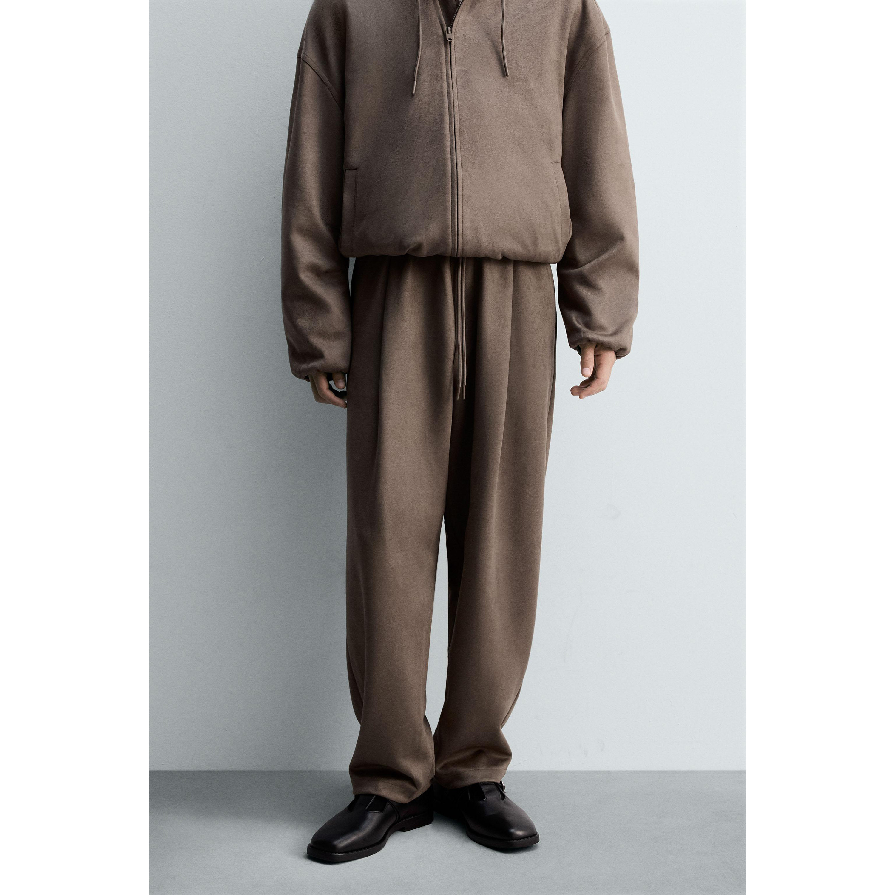 ZA 2025 秋季新品 男装 反绒皮效果宽松阔腿系带褶裤 3046385 832