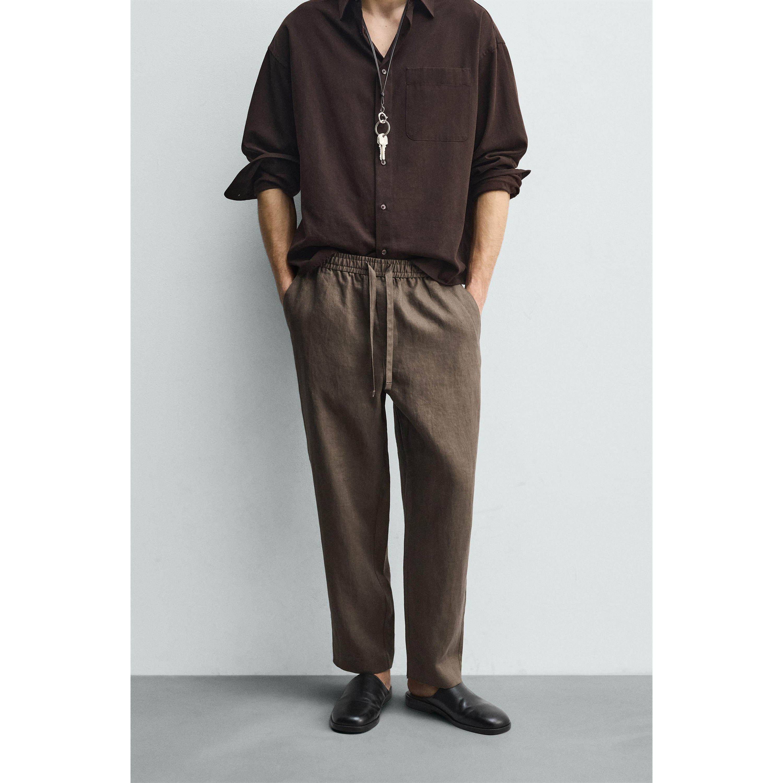 柜429！ZA冬季新品 男装 宽松弹力腰身凉感亚麻休闲裤5070902 737