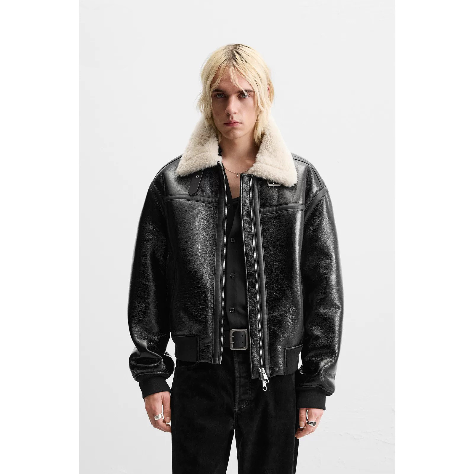 ZA  秋冬新品 男装 拼接人造皮草效果仿皮飞行员夹克外套 3548705
