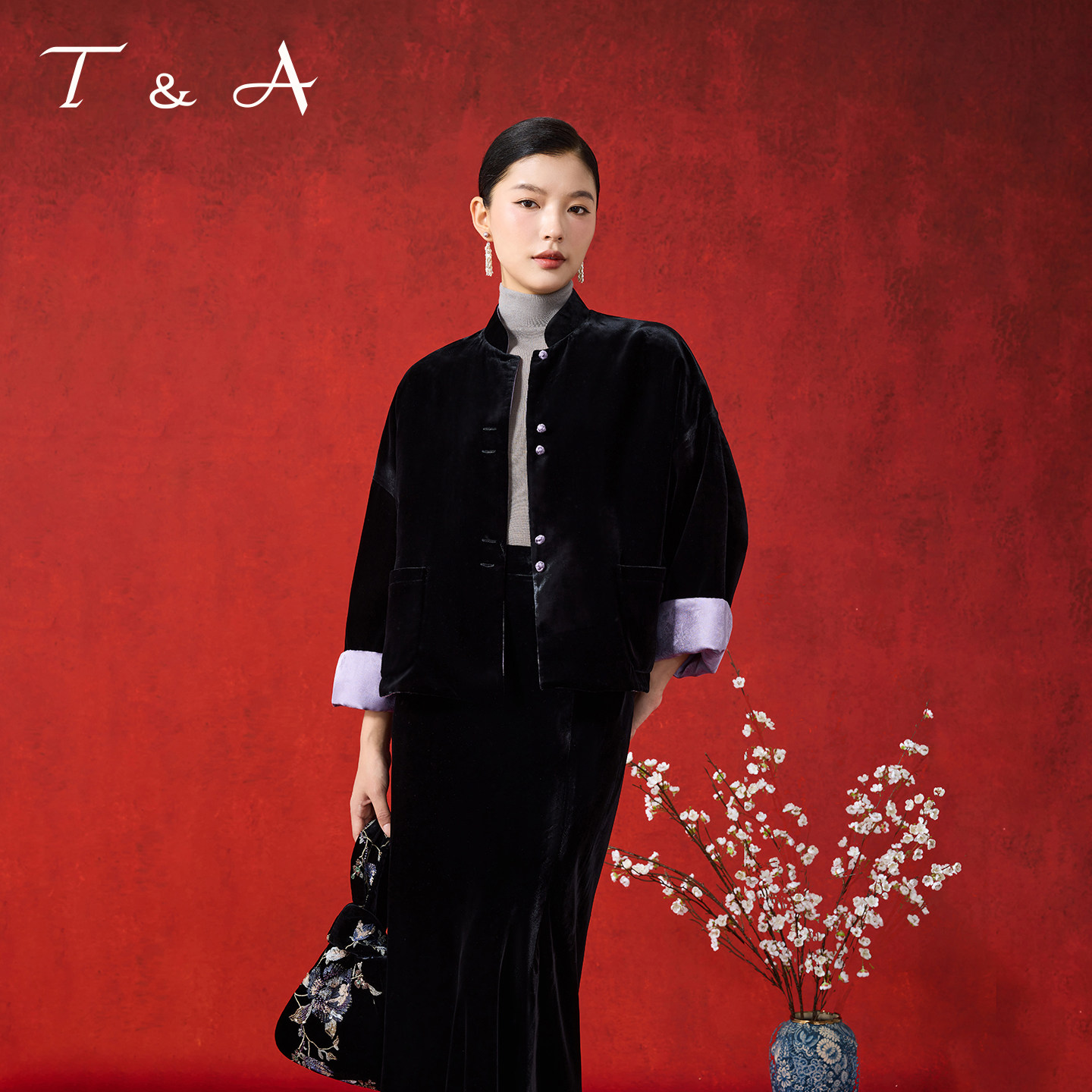 T&A天嘉爱新中式两面穿丝绒外套撞色奢华微立领秋冬新款春节年服