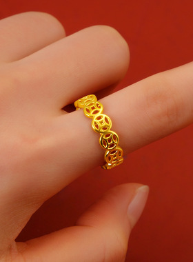 沙金复古民族风招财铜钱指环开口戒指女暴富金钱钱女同款送礼物