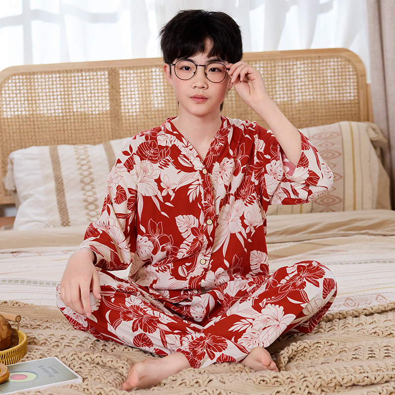 青少年绵绸夏季睡衣薄款七分袖女童女孩棉绸初中生空调家居服套装