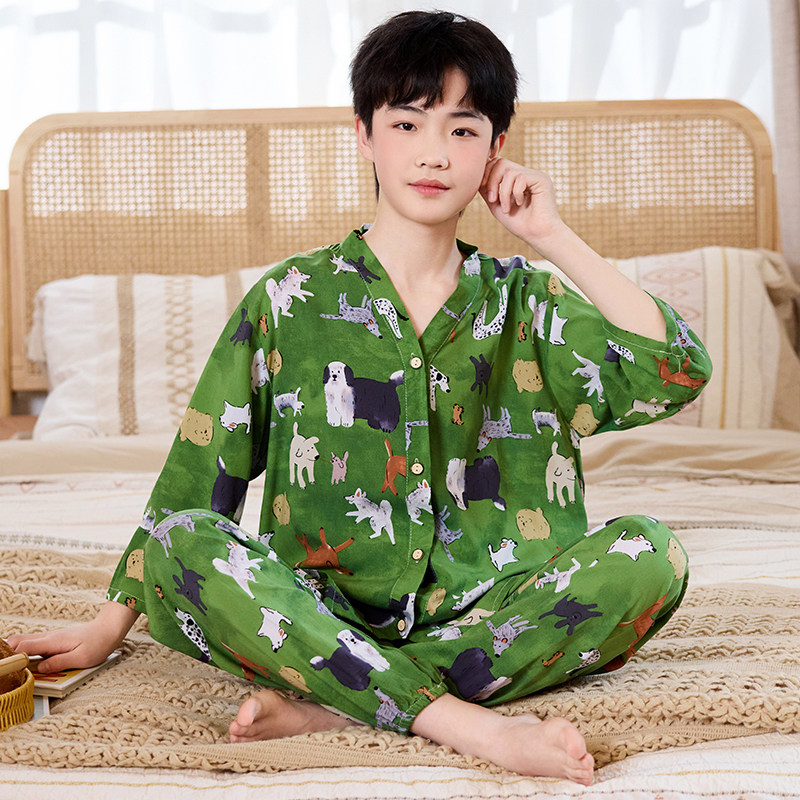 青少年男童夏季七分袖薄款绵绸睡衣女童棉绸初中生空调家居服套装