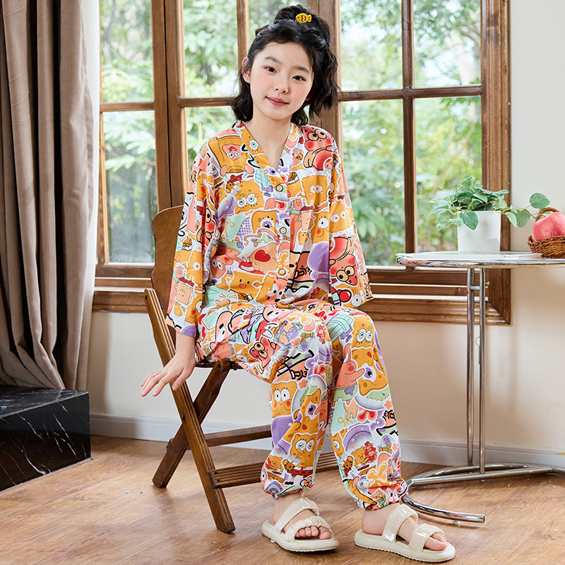 夏季薄款女童七分袖青少年初中生绵绸男童空调家居服棉绸睡衣套装