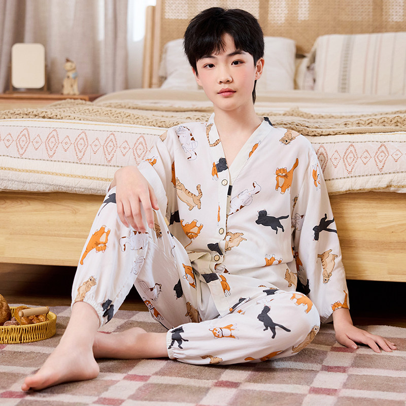 青少年夏季女童薄款七分袖绵绸初中生男童空调家居服棉绸睡衣套装