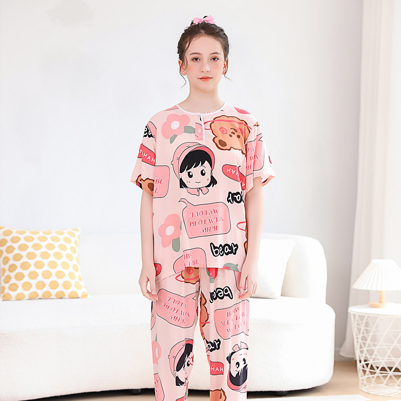 夏季女孩儿童短袖长裤棉绸家居服女童薄款绵绸套装青少年大童睡衣