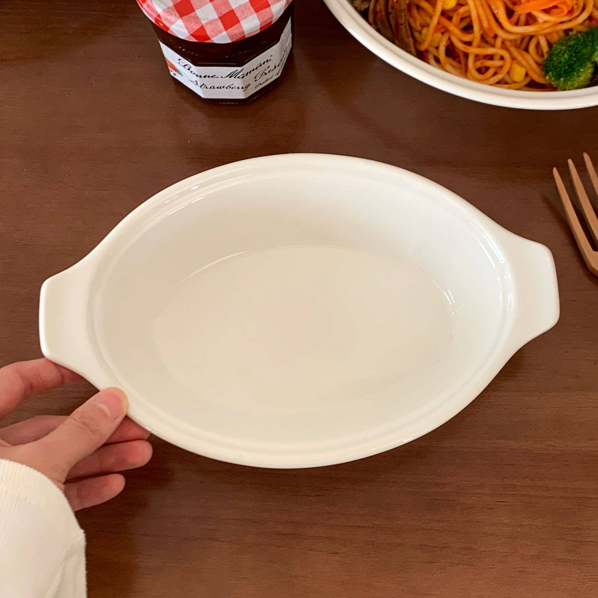 韩式纯白色沙拉焗饭陶瓷双耳盘高颜值菜盘家用甜品沙拉盘椭圆深盘