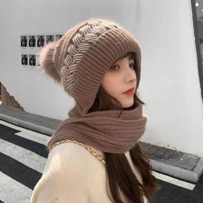 帽子女围巾一体秋冬保暖百搭洋气毛线帽时尚韩版潮加绒加厚针织帽