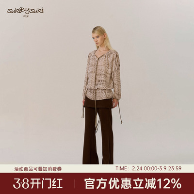 烟棕色波点雪纺露背抽绳V领衬衫