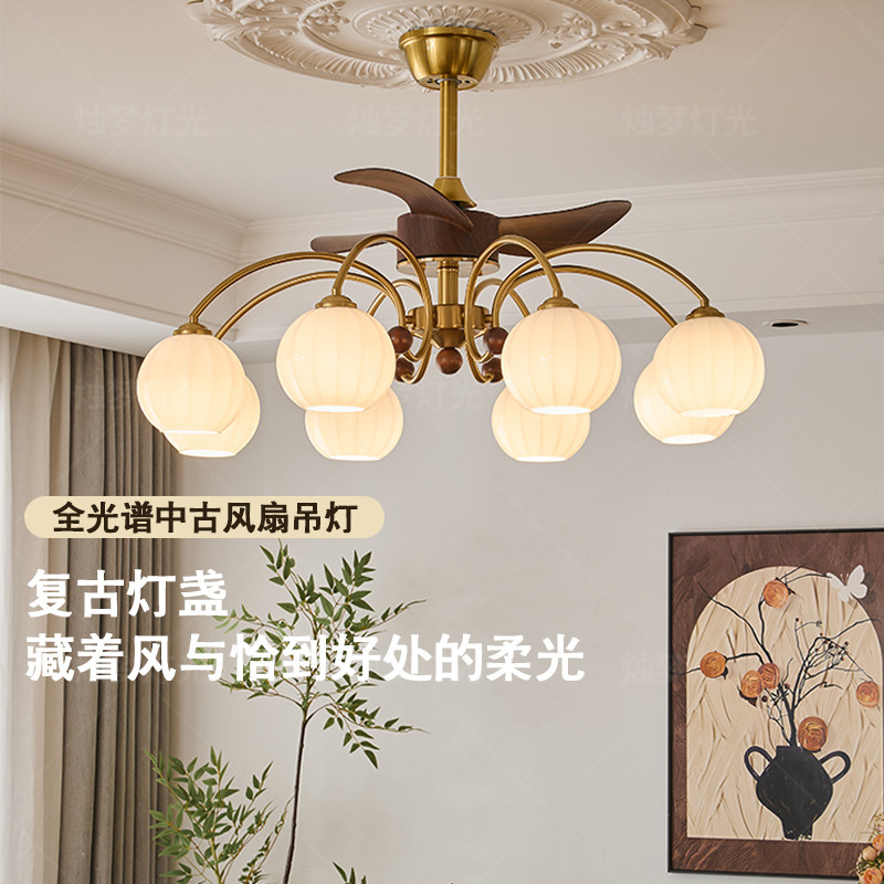 中古风客厅吊灯餐厅风扇灯简约复古餐桌客厅一体电扇灯法式吊扇灯