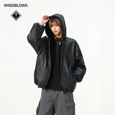 WIND BLOWS棉衣外套黑色连帽皮衣男女冬加厚宽松廓型夹克2025新款