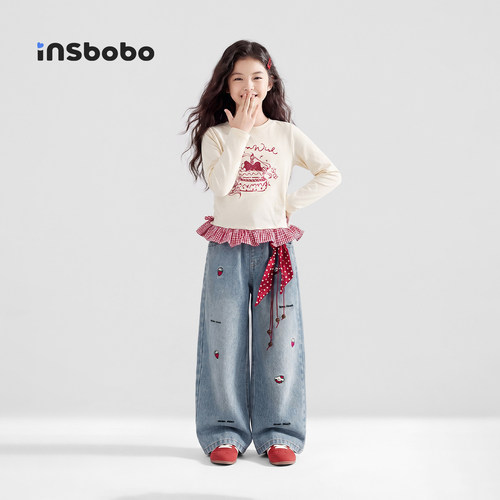 INSbobo儿童裤子刺绣软牛仔裤