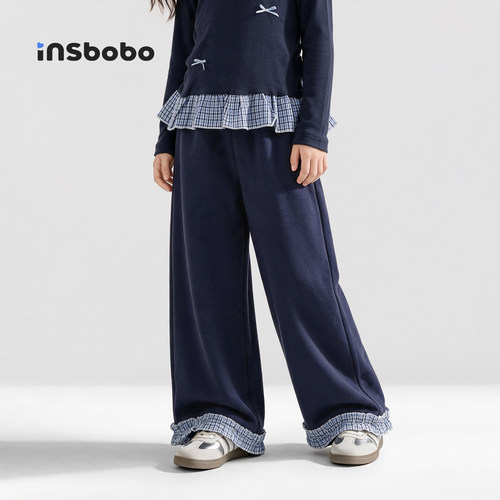 INSbobo儿童裤子格纹拼接休闲裤