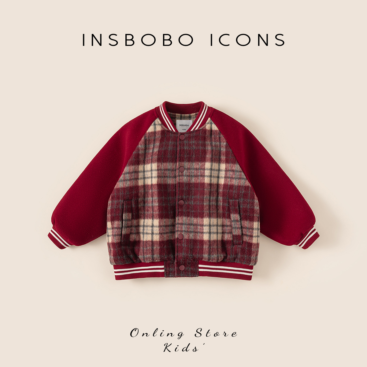 INSbobo儿童外套拼接格子棒球服