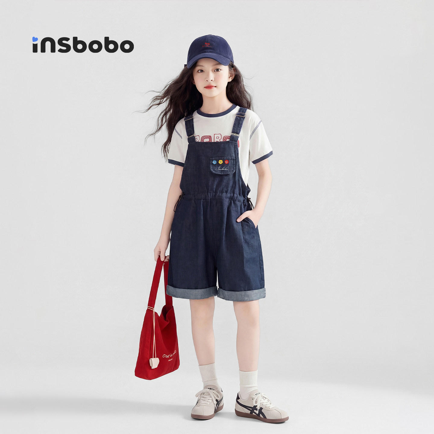 INSbobo童装女童裤子儿童牛仔裤背带裤夏装女孩休闲裤短裤中大童