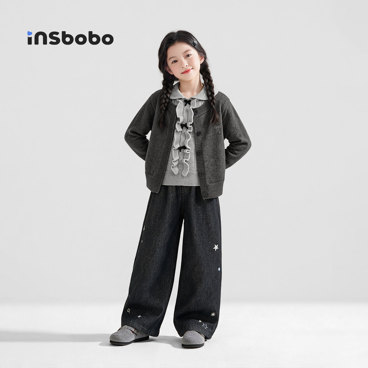 INSbobo童装女童裤子2026冬季新款女孩休闲裤儿童牛仔裤加绒长裤