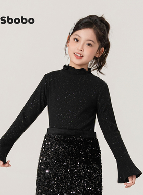 女童黑色打底衫冬装新款上衣儿童洋气花边t恤女孩内搭拜年服童装