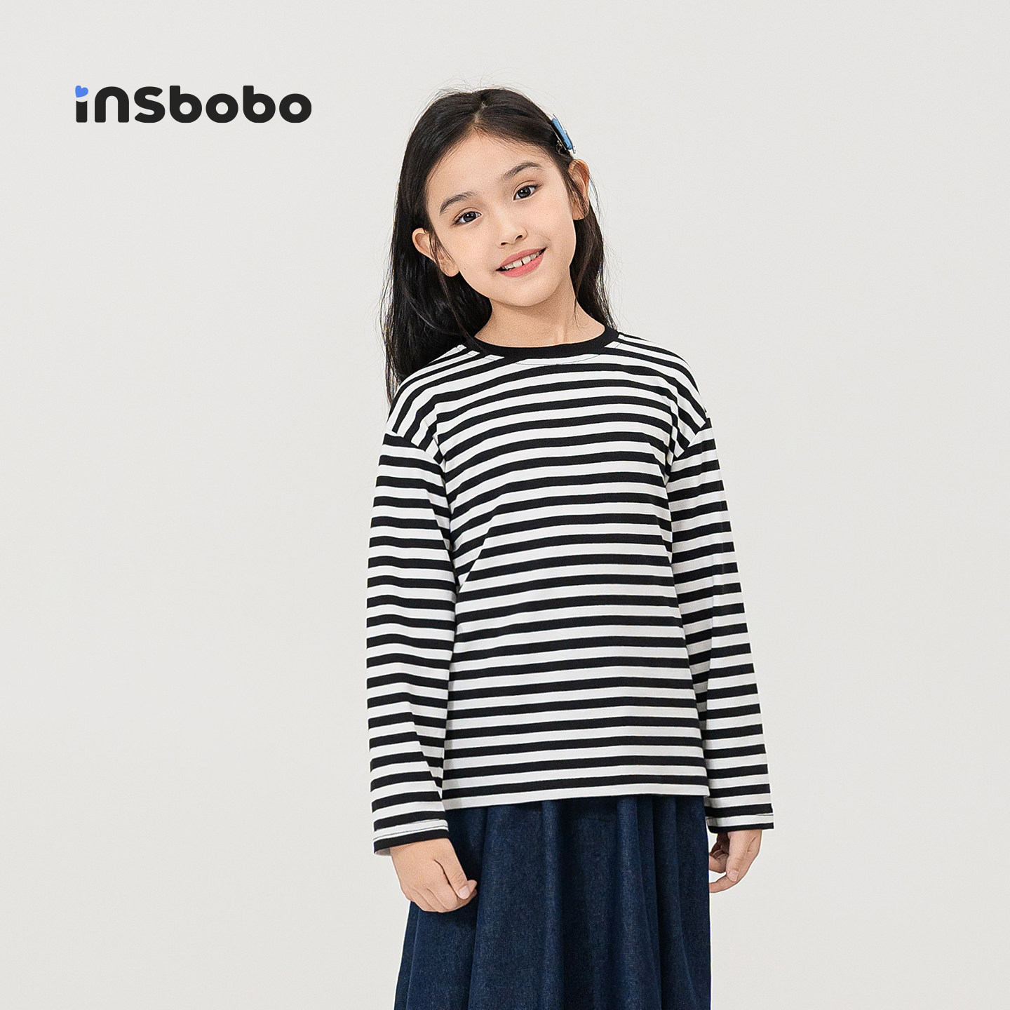 INSbobo童装女童长袖t恤春季新款儿童上衣女孩条纹衣服宽松t恤衫