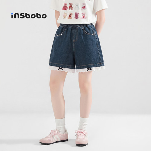 INSbobo儿童裤子珍珠花边牛仔裤