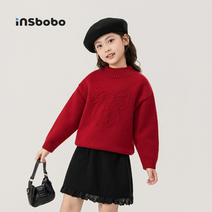 INSbobo女童汉服儿童红色拜年服女孩新中式毛衣针织衫过年童装冬