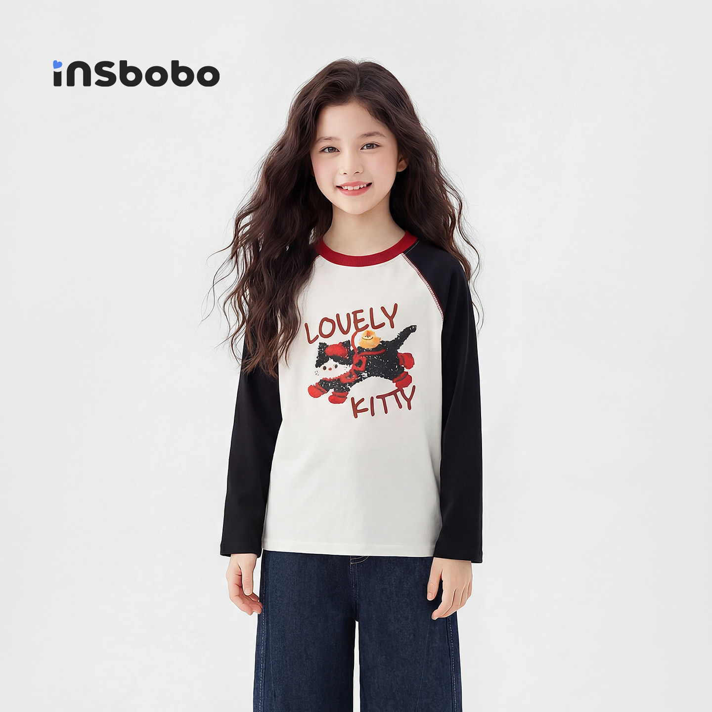 INSbobo童装儿童长袖t恤2026春款女童猫咪上衣男童内搭衣服中大童