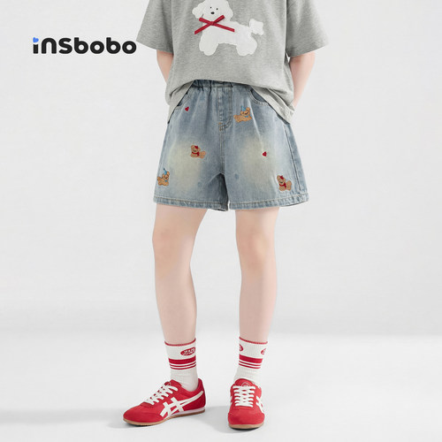 INSbobo儿童裤子绣花牛仔短裤