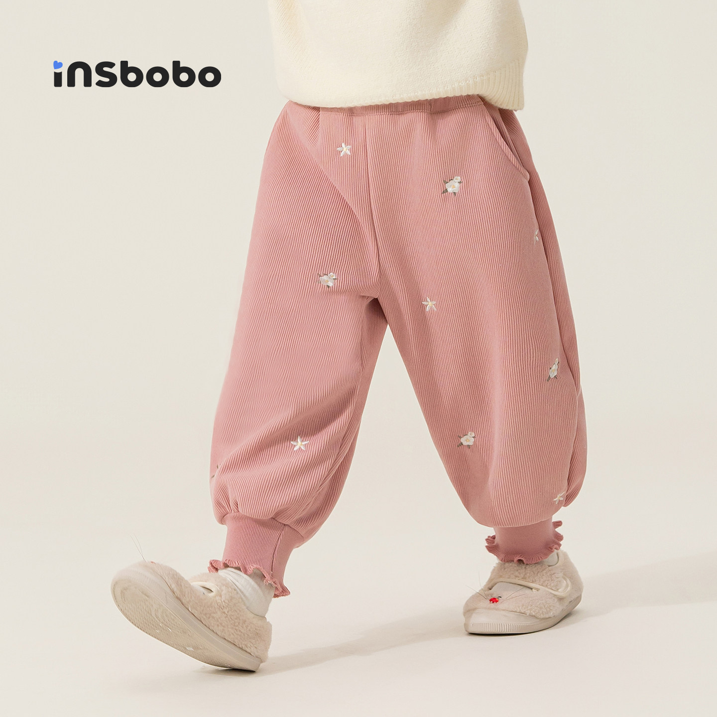 INSbobo儿童裤子竖纹刺绣束脚裤