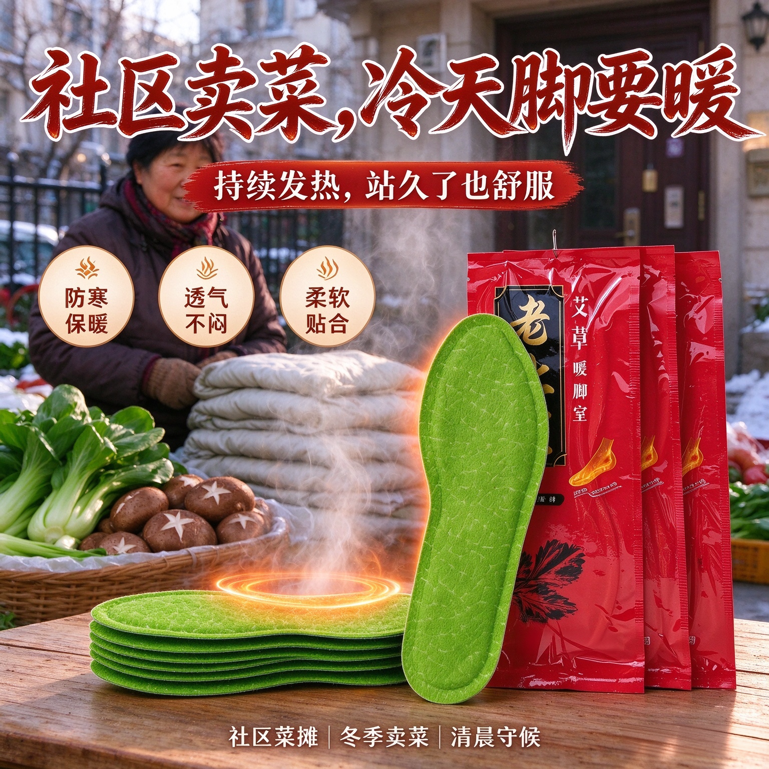 冬季出摊男女艾草暖足垫自发热 路边卖菜加热脚垫 室外防寒鞋垫